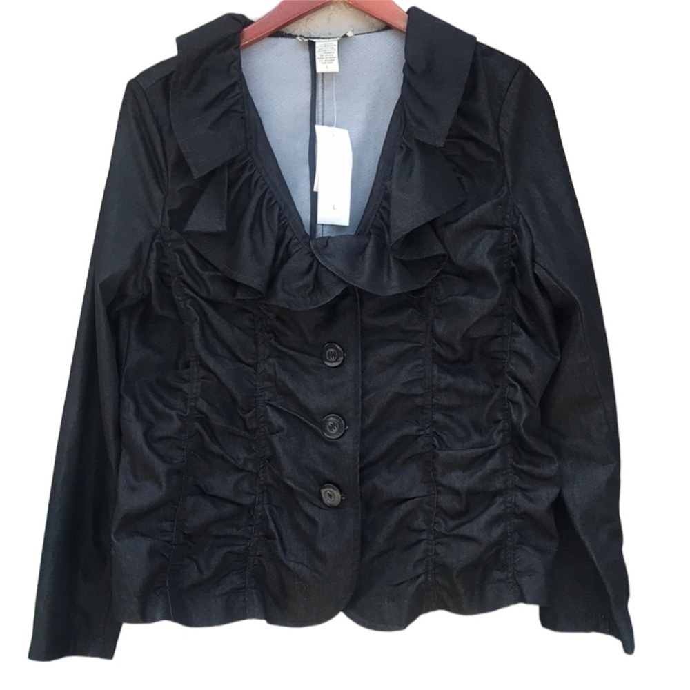 Bamboo Traders Black Ruffle Ruched Blazer Jacket Large NWT
